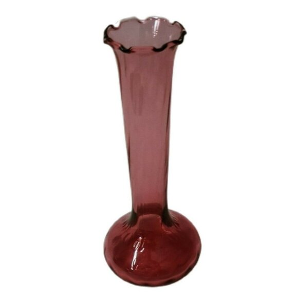 Vintage Pilgrim Cranberry Glass Swirl Bud Vase With Ruffled Edge - Picture 1 of 4